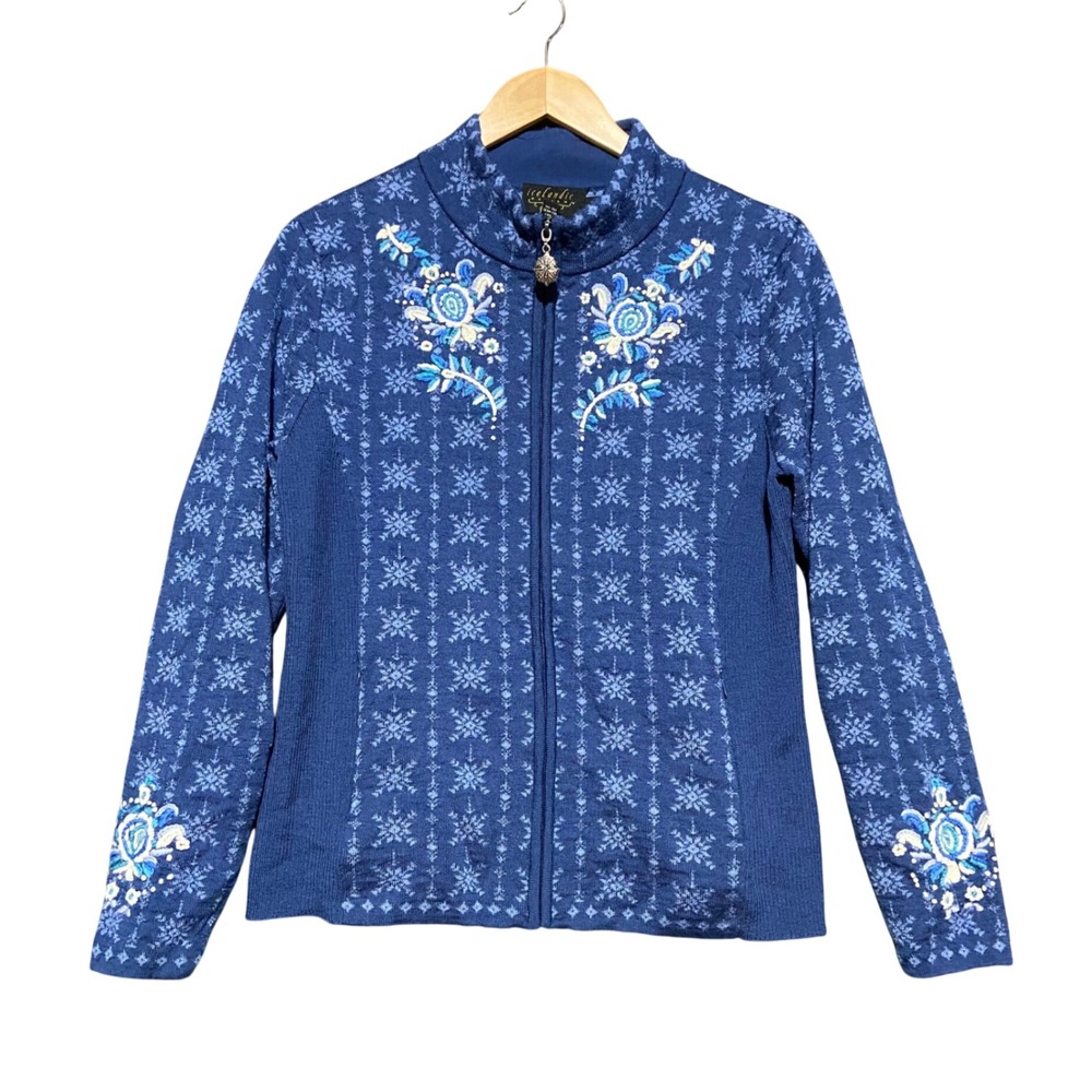 Icelandic Design Women's Large Blue Wool Embroidered Snowflake Full Zip Cardigan
